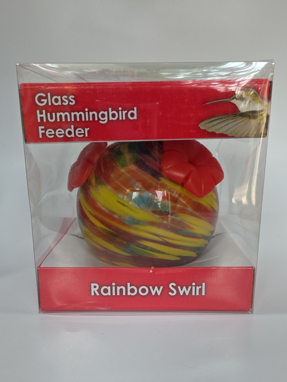 New In Box Hummingbird Feeder Handblown Round Glass Rainbow Swirl (Dented Box)